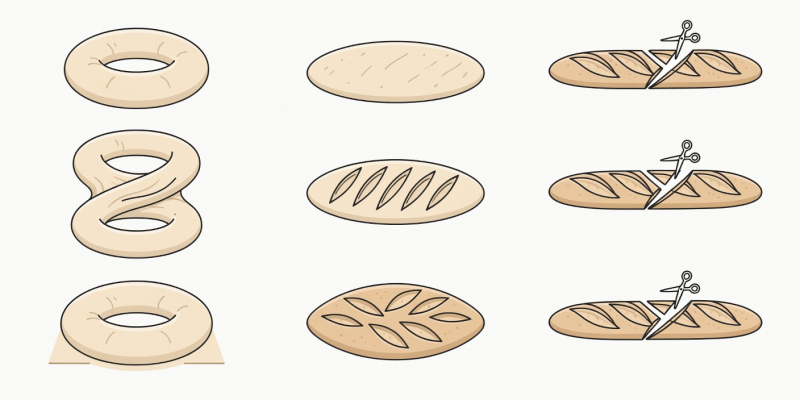 Flat vector diagram illustrating dough shaping mechanics for Couronne ring loaves, Fougasse leaf slits, and 45-degree Epi baguette scissor cuts