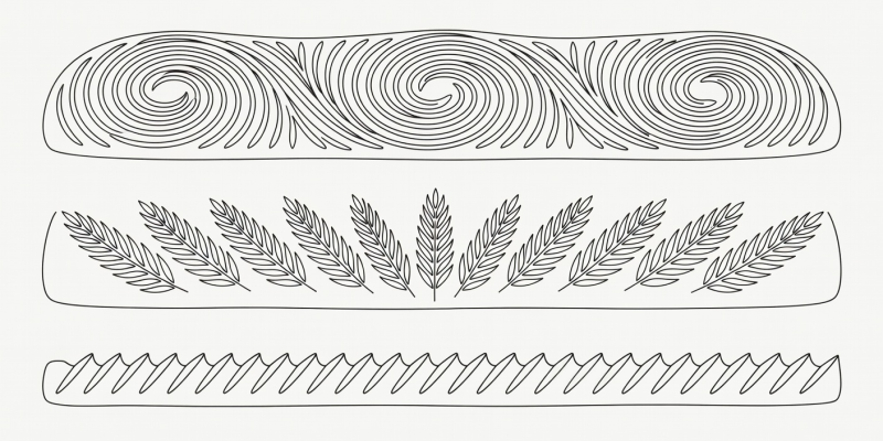 Flat vector diagram showing Pithiviers curved rayage spirals, wheat ear leaf scoring, and chiqueter back-of-knife edge fluting angles